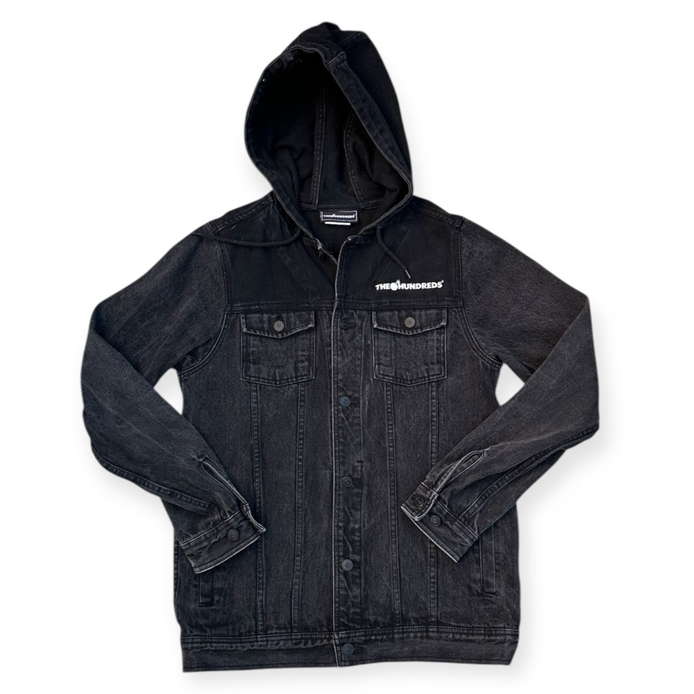 Vintage THE HUNDREDS Black Distressed Denim Jacket w/ denim hood Size Small